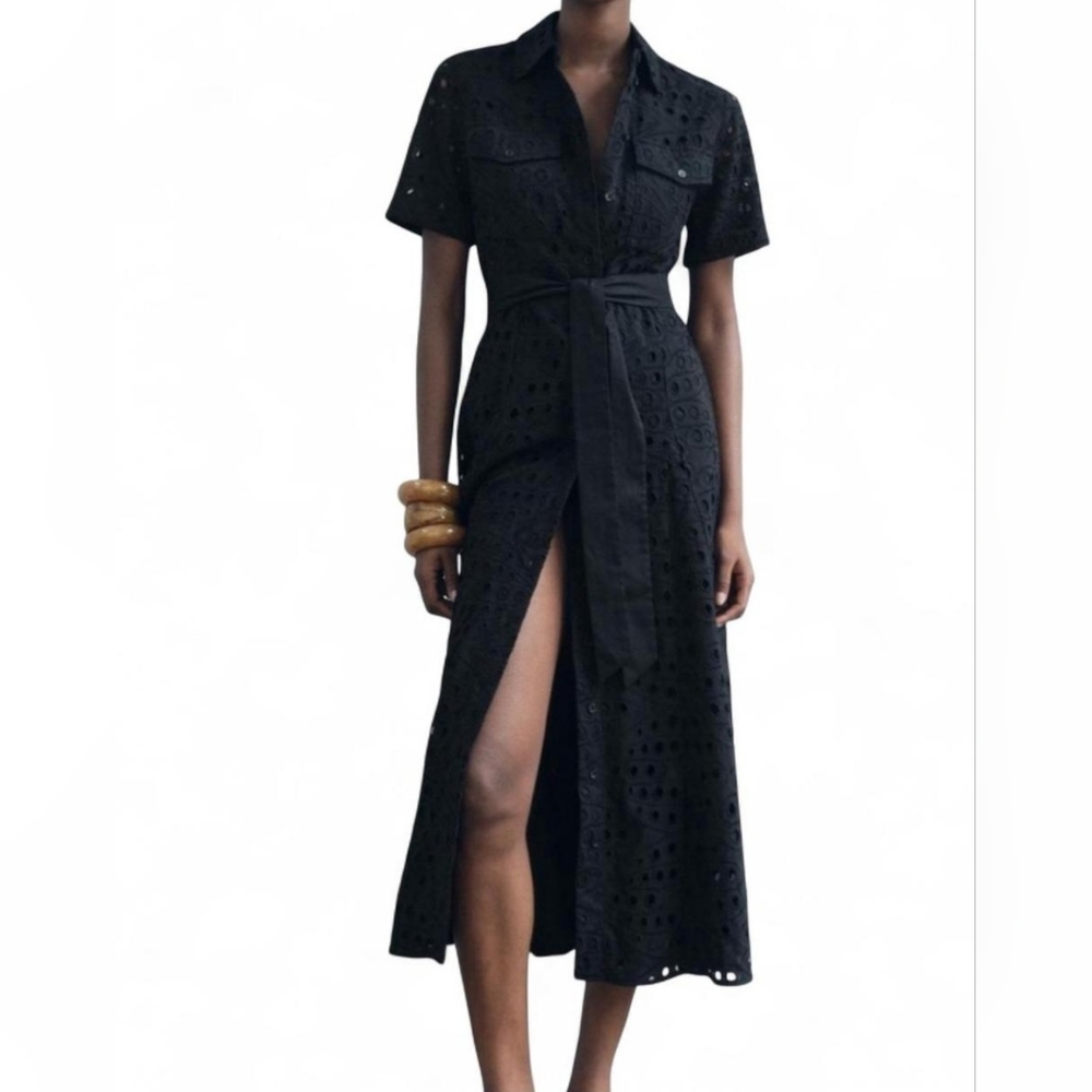 ZARA  NWT $109 EYELET  EMBROIDERED MIDI SHIRTDRESS BLACK 4877/288 SZ L